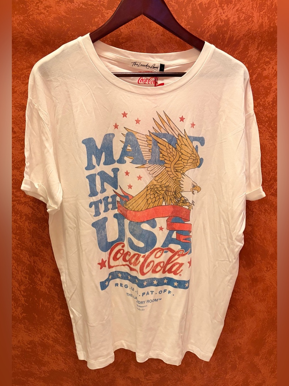 The Laundry Room Coca Cola USA Banner - Oversized Tee. White, Medium, NWT.